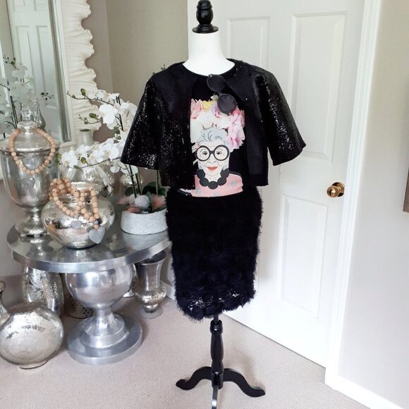 NWOT Mario Serrani black rosette sequin waistband skirt, Size 4 - Picture 2 of 6